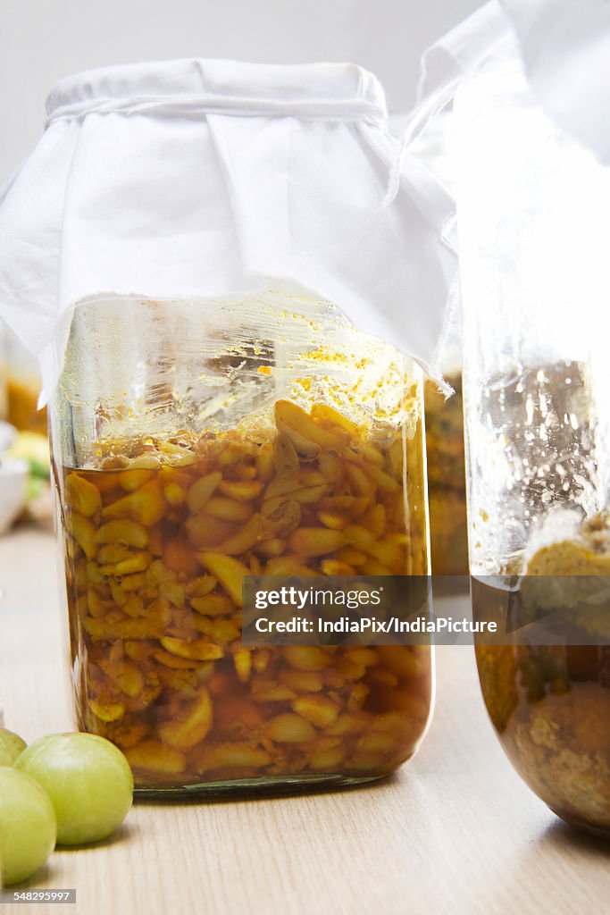 Jar filled with garlic pickle
