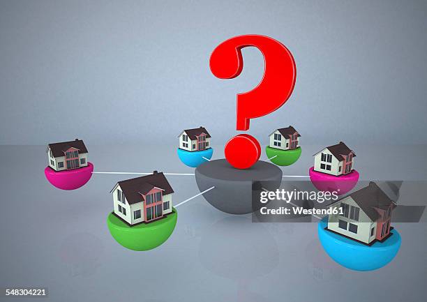 connected homes with question mark in center - digital home stock illustrations
