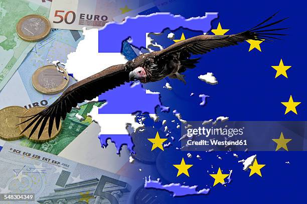 vulture over euro notes and coins and greece flag - eurozone debt crisis stock pictures, royalty-free photos & images