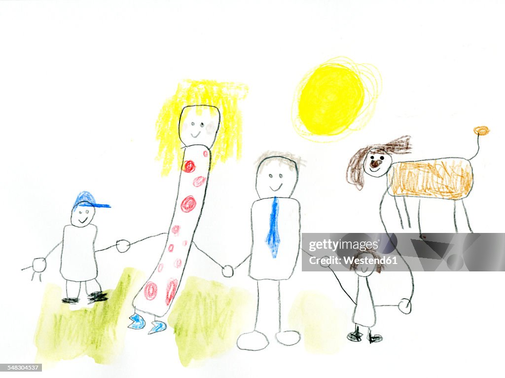 Children's drawing of happy family taking a walk with dog