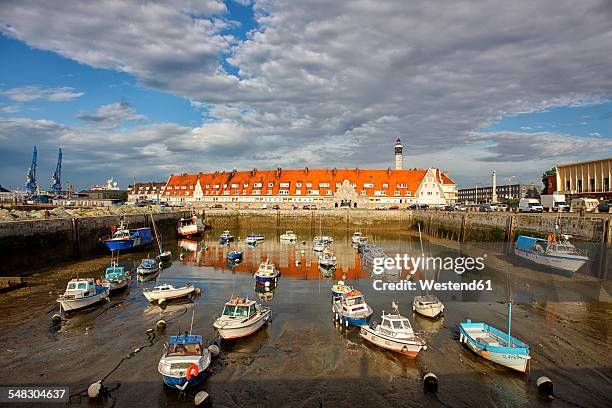 france, brittany, calais, boats at fishing harbour - calais photos et images de collection