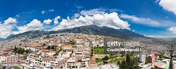 ecuador, quito, cityscape with old town and volcano pichincha - quito stock pictures, royalty-free photos & images