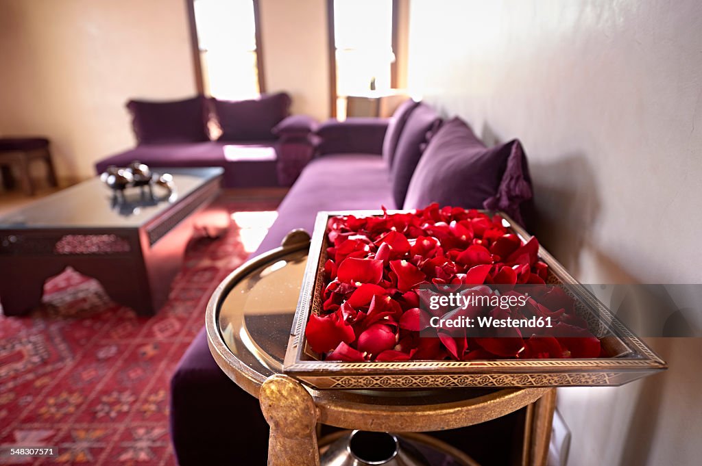 Morocco, Fes, tray of red rose petals in a suite of Hotel Riad Fes