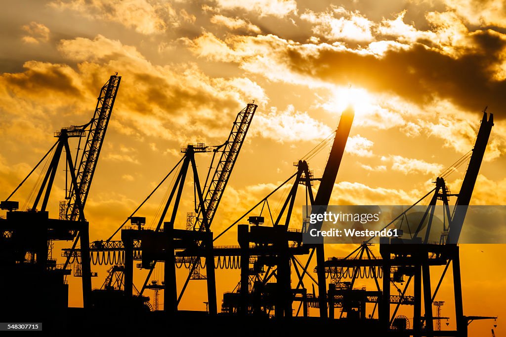 Germany, Hamburg, container cranes at sunset