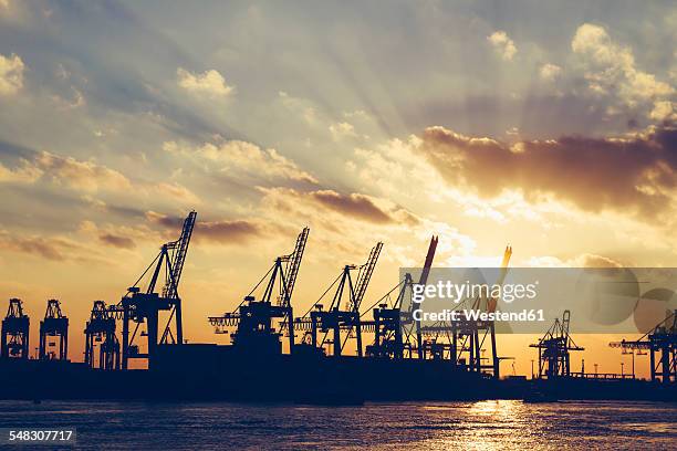 germany, hamburg, container cranes at sunset - elbe river - fotografias e filmes do acervo