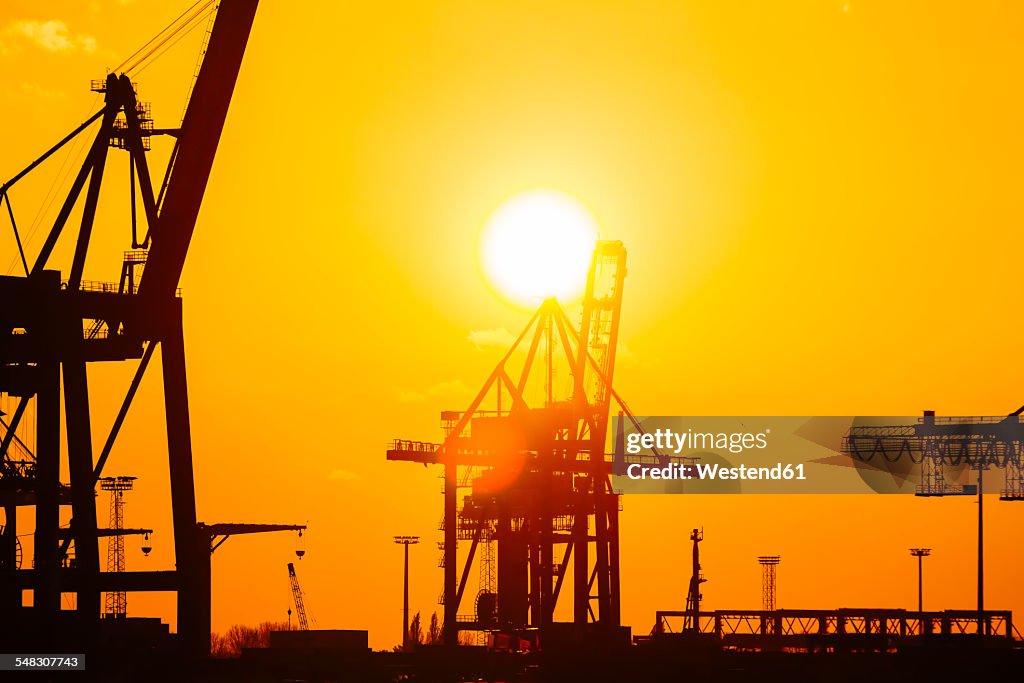 Germany, Hamburg, container cranes at sunset