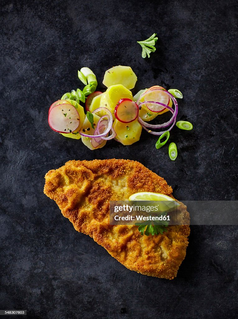 Escalope and fried potatoes on dark ground