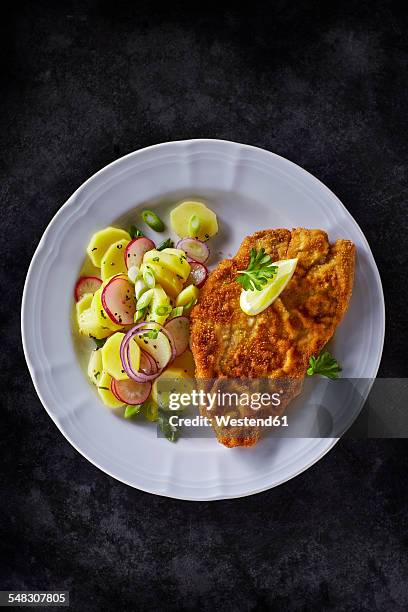 dish of escalope and fried potatoes - wiener schnitzel stock pictures, royalty-free photos & images