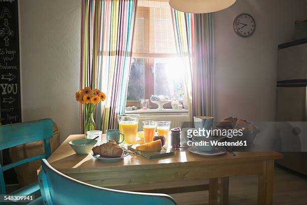 laid breakfast table - morning kitchen stock pictures, royalty-free photos & images