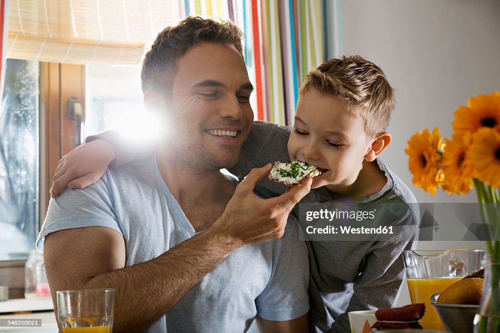 Father and son having breakfast together