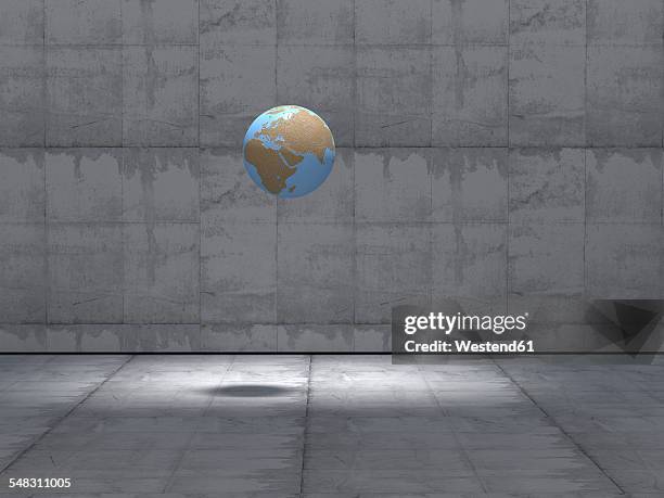 earth hovering on in empty industrial hall, 3d rendering - wall shadow stock illustrations