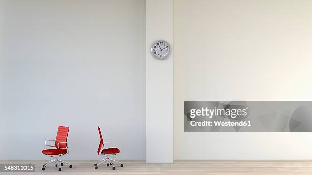 ilustraciones, imágenes clip art, dibujos animados e iconos de stock de white room with two red office chairs and a wall clock, 3d rendering - humourless