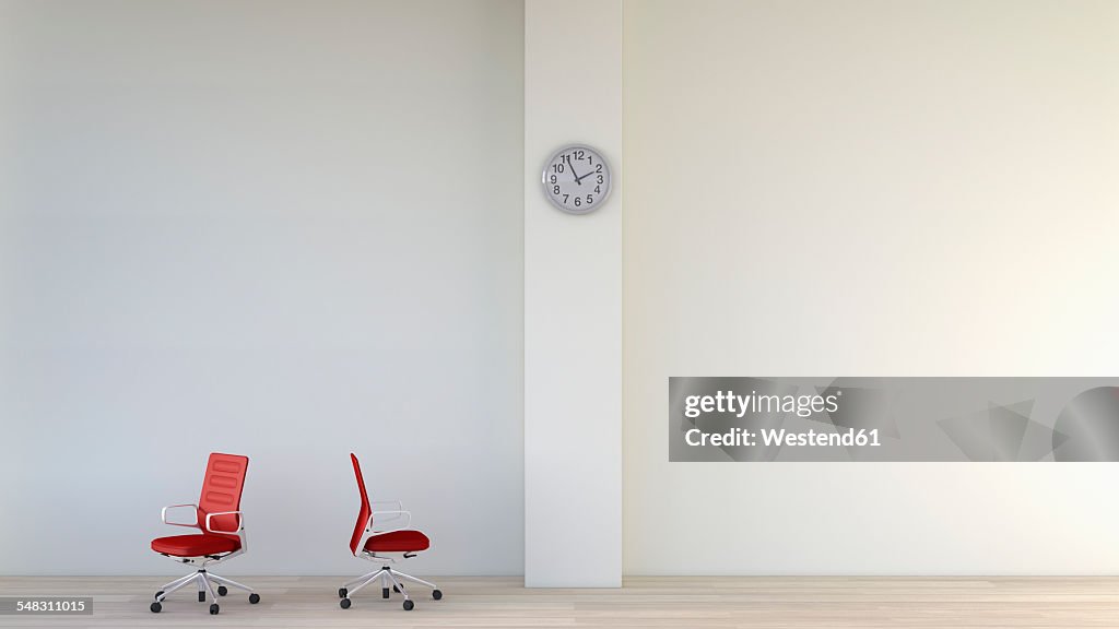 White room with two red office chairs and a wall clock, 3D Rendering