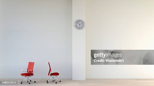 white room with two red office chairs and a wall clock, 3d rendering - surrounding wall stock illustrations