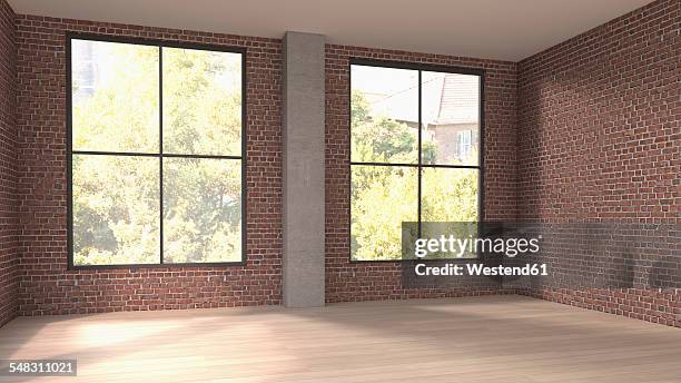 bildbanksillustrationer, clip art samt tecknat material och ikoner med empty room with two windows, 3d rendering - parkettgolv