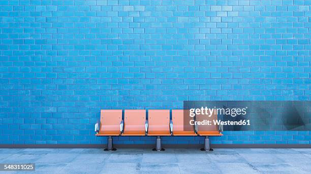 ilustrações, clipart, desenhos animados e ícones de row of seats at underground station platform, 3d rendering - estação