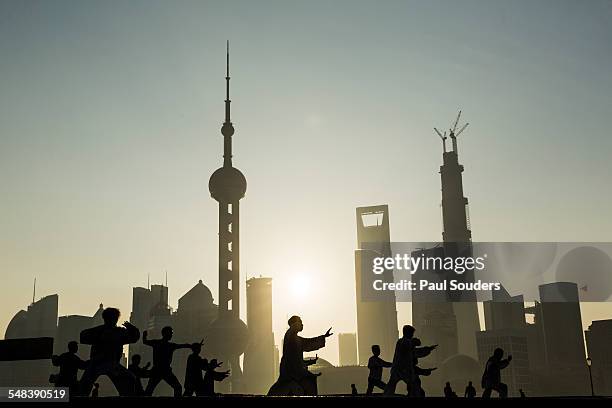 martial arts group and skyline, shanghai, china - arts martiaux stock-fotos und bilder