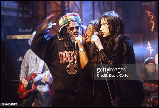 George Clinton performing with Denise Johnson and Bobby Gillespie of Primal Scream at NBC TV Studios, New York, United States 20 July 1996.