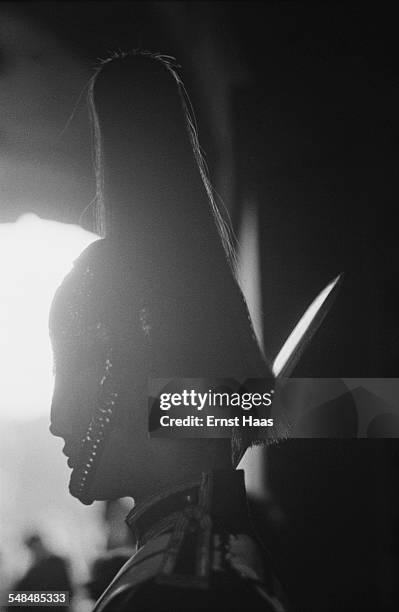 British Household Cavalry helmet on a mannequin in Mayfair, London, circa 1953.