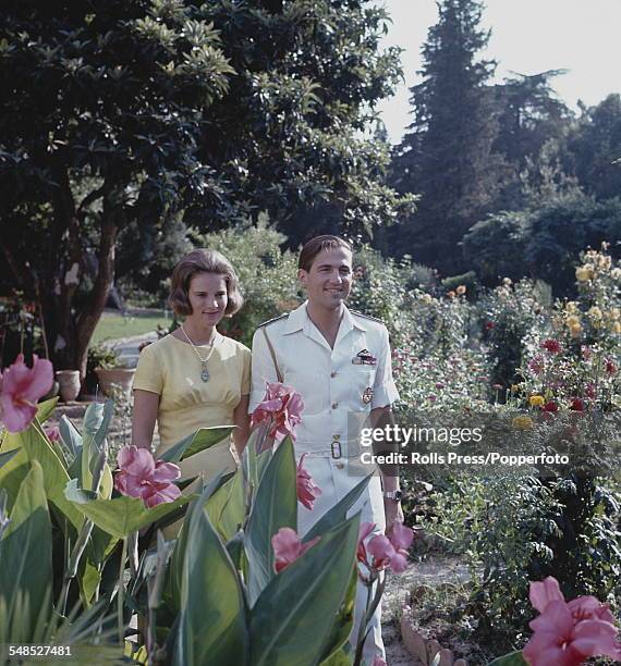 King Constantine II of Greece and his fiancee, Princess Anne-Marie of Denmark pictured together at the Greek royal summer residence in Corfu on 23rd...