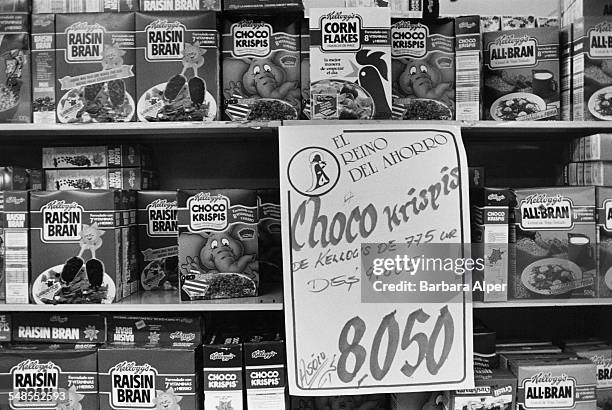 Cereal at a grocery store in Cancún, Mexico, 26th January 1991. Amongst the products are Raisin Bran, Coco Krispis, All-Bran and Corn Flakes.