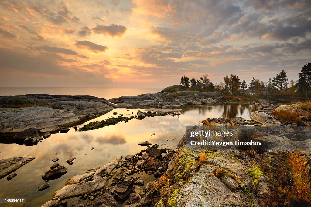 Rocks on lakeside of Iso Koirasaari Island, Ladoga Lake, Republic of Karelia, Russia