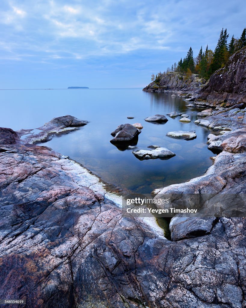 Lakeside rocks on Iso Koirasaari Island, Ladoga Lake, Republic of Karelia, Russia