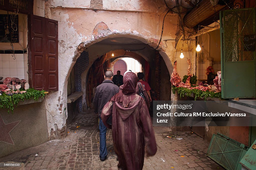 Butcher shops in souk, old city, Marrakech, Morocco