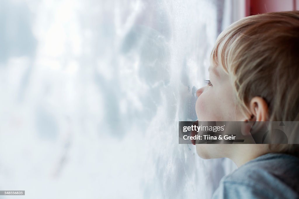 Boy licking inside of snow-covered window