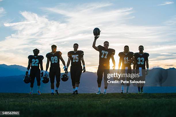 silhouetted teenage and young male american football team celebrating at dusk - american football player silhouette stock pictures, royalty-free photos & images