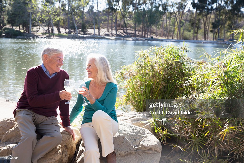 Husband and wife toasting by lake, Hahn Park, Los Angeles, California, USA