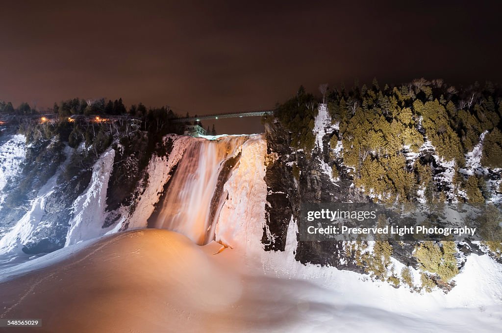 View of frozen Montmorency Falls Park at night, Quebec City, Quebec, Canada