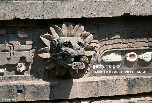 Feathered serpent, relief on the facade of the Temple of Quetzalcoatl, Teotihuacan , Anahuac, Mexico. Teotihuacan civilisation, 150-450.