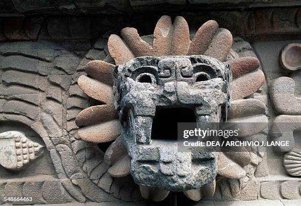 Feathered serpent, relief on the facade of the Temple of Quetzalcoatl, Teotihuacan , Anahuac, Mexico. Teotihuacan civilisation, 150-450.