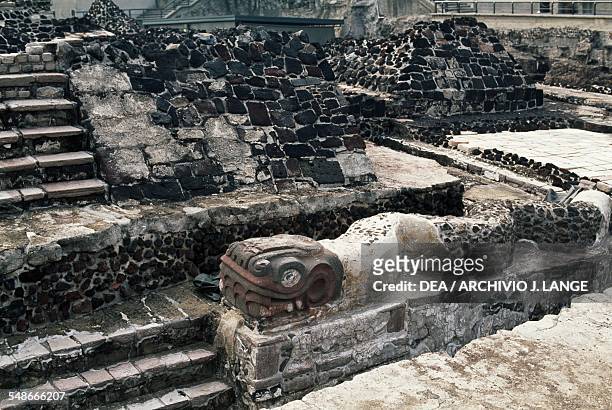 Snake-shaped sculpture, ruins of Templo Mayor in Tenochtitlan, 14th-16th century, Mexico City, Mexico. Aztec civilisation.