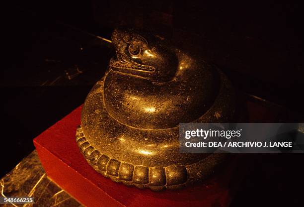 Coiled snake, stone statue. Aztec civilisation, 14th-16th century. Mexico City, Museo Nacional De Antropología