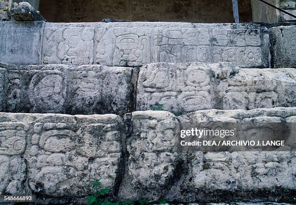 Glyphs on the steps of the Palace, Palenque , Chiapas, Mexico. Mayan civilisation, 7th-8th century.