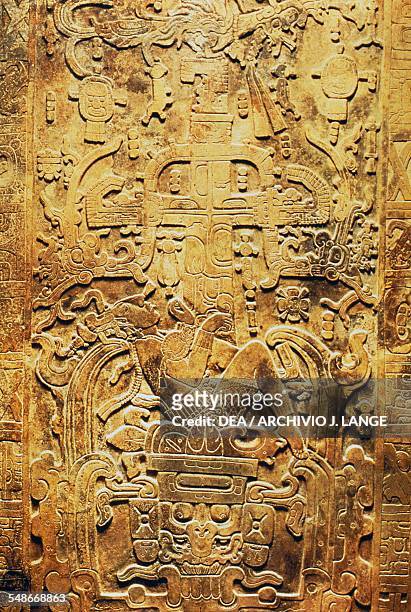 Pakal's sarcophagus lid, found in the Temple of the Inscriptions in Palenque. Mayan civilisation, 7th-8th century. Mexico City, Museo Nacional De...
