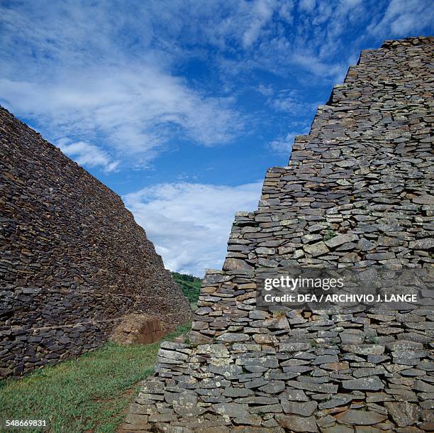 View of yacata pyramids, ancient city of Ihuatzio, near Patzcuaro, Michoacan, Mexico. Taraschi civilisation, 14th-16th century.
