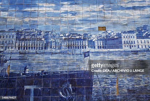 Panel of azulejo tiles depicting the view of Lisbon from the Tejo river, Lisbon, Historical Province of Extremadura, Portugal.