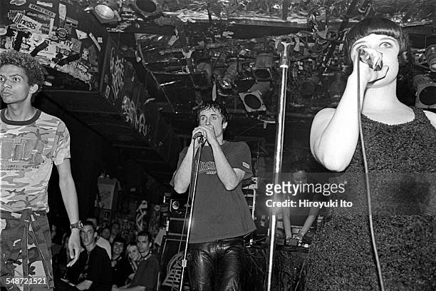 Atari Teenage Riot performing at CBGB's on August 19, 1997.This image:From left, Carl Crack, Alec Empire, Nic Endo and Hanin Elias.