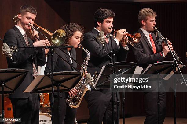 Juilliard Jazz Ensembles performing the music of Jelly Roll Morton and King Oliver at Paul Hall on Monday night, April 13, 2015.This image:From left,...