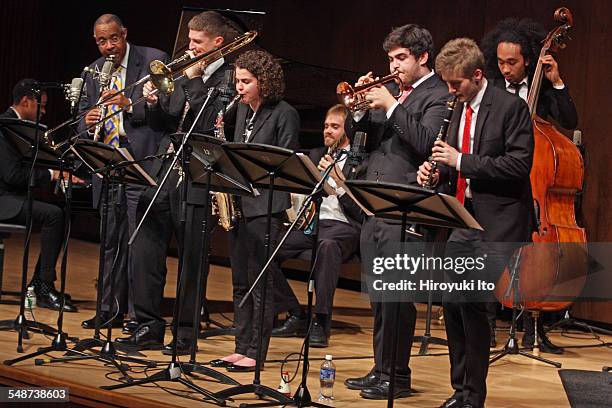 Juilliard Jazz Ensembles performing the music of Jelly Roll Morton and King Oliver at Paul Hall on Monday night, April 13, 2015.This image:From left,...