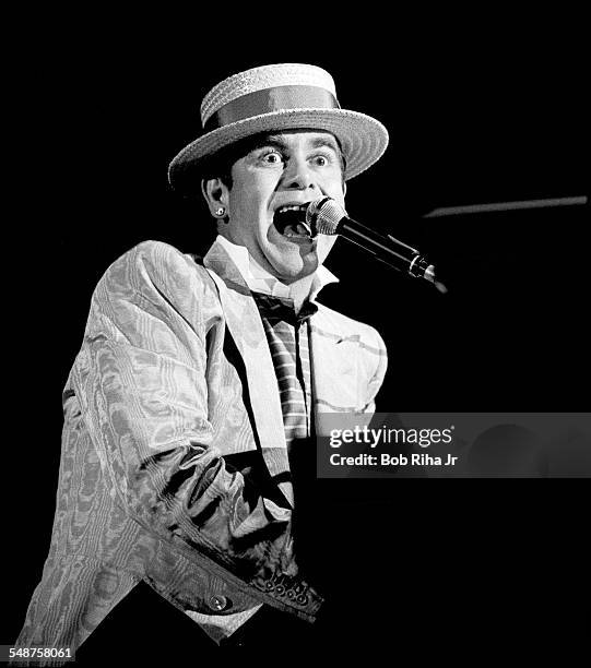 British musician Elton John performs in concert, August 26,1984 at Irvine Meadows Amphitheater in Irvine, California.