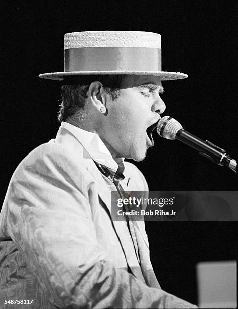 British musician Elton John performs in concert, August 26,1984 at Irvine Meadows Amphitheater in Irvine, California.