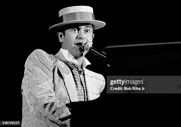 British musician Elton John performs in concert, August 26,1984 at Irvine Meadows Amphitheater in Irvine, California.