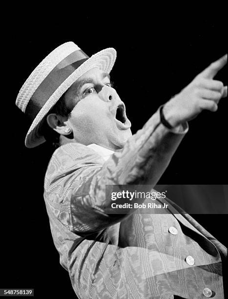 British musician Elton John performs in concert, August 26,1984 at Irvine Meadows Amphitheater in Irvine, California.