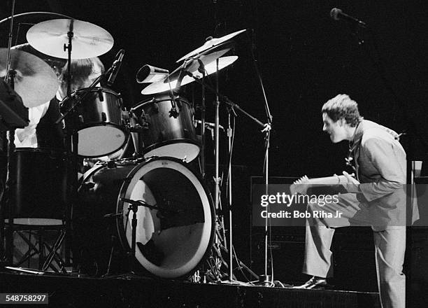 British musician Mick Fleetwood and American Lindsey Buckingham of the group Fleetwood Mac perform onstage at the Los Angeles Forum, Inglewood,...