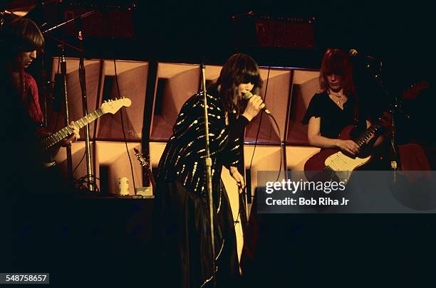 American musicians Howard Leese and sisters Ann and Nancy Wilson of the rock group Heart perform onstage at the Universal Amphitheatre, Los Angeles,...