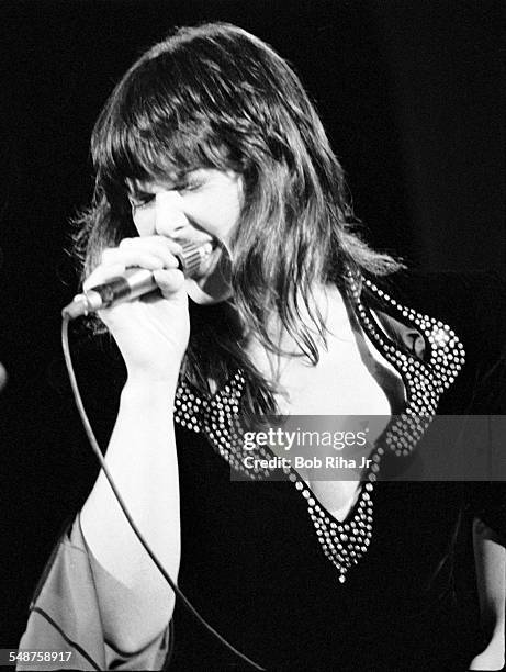 American musician Ann Wilson of the rock group Heart performs onstage at the Universal Amphitheatre, Los Angeles, California, July 15, 1977.